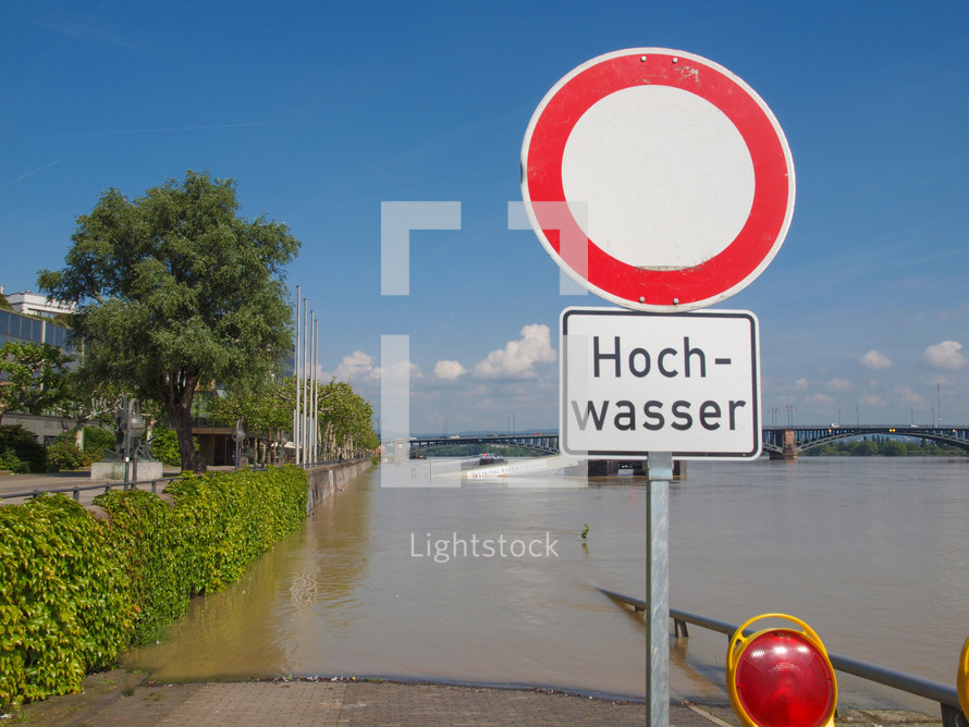 River Rhine flood in the city of Mainz, Germany