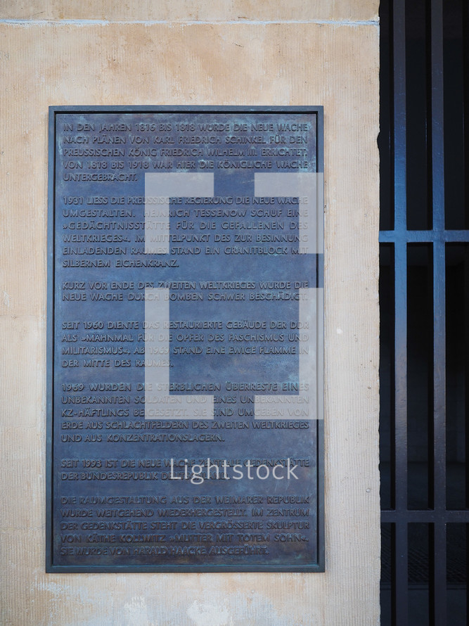 BERLIN, GERMANY - CIRCA JUNE 2019: Sign at Neue Wache (meaning New Guardhouse) Central Memorial of the Federal Republic of Germany for the Victims of War and Dictatorship