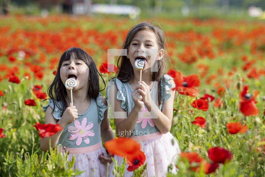 Sisters eating lollipops in poppy fields