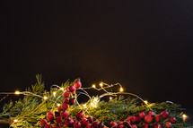 Christmas garland with red berries and twinkle lights on black background