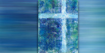 white, blue and green cross artwork with drop shadow on horizontally blurred background with copy space