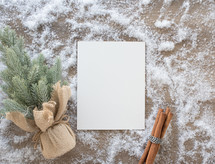 small Christmas tree, envelope, and cinnamon sticks in snow 