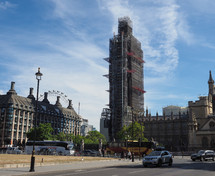 LONDON, UK - CIRCA SEPTEMBER 2019: Big Ben conservation works at the Houses of Parliament aka Westminster Palace
