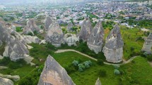 Cappadocia's major tourist attraction love valley air view video. Goreme, Turkey.

