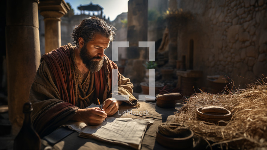 One of Jesus' apostles is taking notes, writing a part of the gospel.