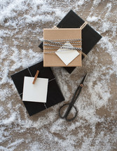 brown gift boxes for Christmas in snow