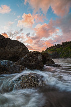 sea water flowing over rocks at Luffenholtz Beach at Sunset