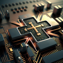 Detail of an integrated circuit board and a cross-shaped chip. The Power of Faith - Biblical concept