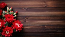 Beautiful red cactus flower on wooden background with copy space.
