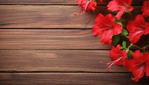 Red flowers on brown wooden background. Top view with copy space.