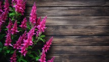 Pink salvia flowers on wooden background. Top view with copy space