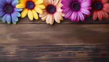 Colorful daisy flowers on wooden background. Top view with copy space