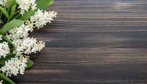 White hyacinth flowers on wooden background. Top view with copy space