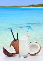 Coconut milk, summer drink on ocean background