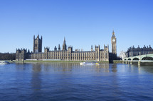 Big Ben and the Houses of Parliament from across the river thames during the day. London. England.