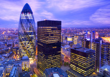Elevated view of the financial district of London at dusk. London, England.- for editorial use only 