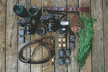 camera, leash, leather, memory cards, batteries, twigs, lens, photography, photographer, equipment, wood boards, strap, flash, pine cone