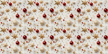 Christmas background with golden stars and red Christmas decorations. 