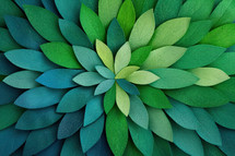 Abstract eco-themed art featuring a vibrant pattern of overlapping leaves in varying shades of green and blue. The design evokes nature, growth, and sustainability.