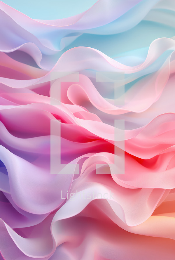 A soft and delicate abstract composition of flowing pastel-colored fabric-like waves in pink, purple, and blue hues. The smooth, undulating forms create a sense of gentle movement and tranquility.