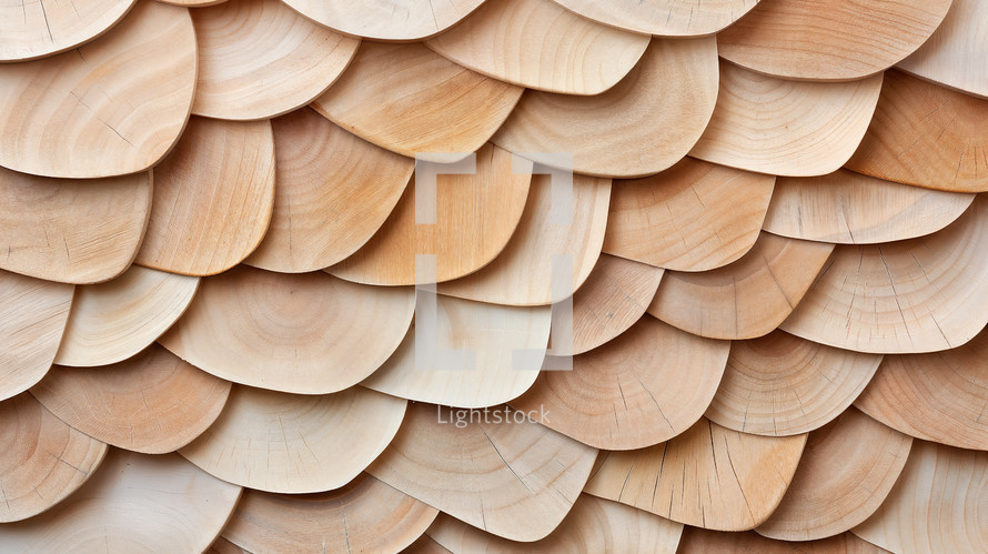 Intricate wooden shingle pattern composed of overlapping, curved plywood pieces, showcasing natural wood grain and smooth textures, ideal for design elements.