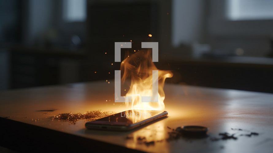 A smart phone on fire in a kitchen. 