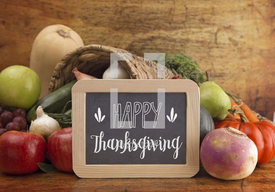 Happy Thanksgiving and a Cornucopia Filled with Fresh Fruits and Vegetables