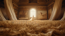 A banquet hall field with wheat ready for harvest with a bride standing at the window waiting for her bride, 