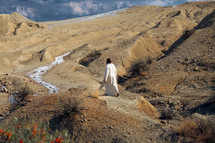 Jesus walking alone through the desert. Biblical concept.
