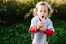 a little girl blowing a dandelion 