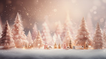 Small pink Christmas trees in a cute setting with tiny golden trees. Children and family oriented. Snow and glitter falling down in the sky,. 