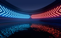 Glowing neon lines with water surface background, 3d rendering.