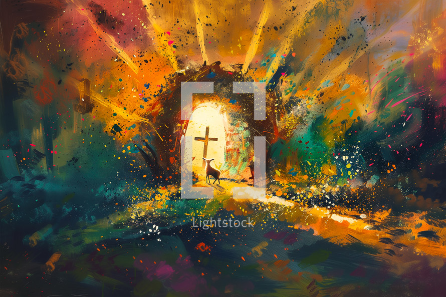 A stylized painting of the cross inside the empty tomb with the lamb of God in the forefront and sun rays erupting forth