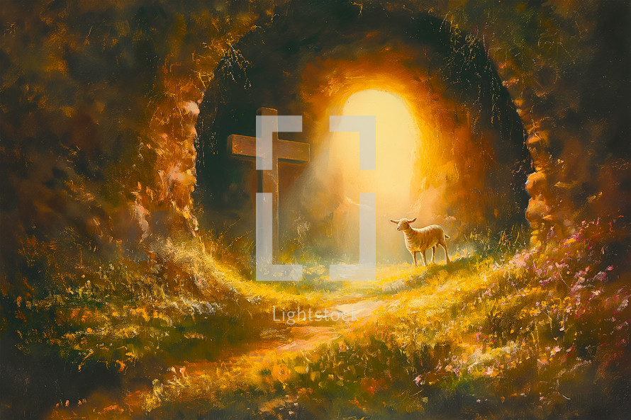 A painting of the cross and a lamb inside the empty tomb with light pouring through