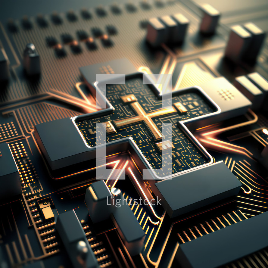 Detail of an integrated circuit board and a cross-shaped chip. The Power of Faith - Biblical concept