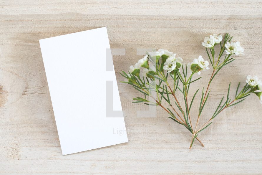 blank, white, notecard, paper, flowers, wood bowl