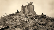 Vintage photography of a building demolished in a war or earthquake. Disaster concept
