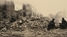 Demolished building from big explosions in Middle East. Persecution concept