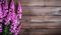 Purple flowers on a wooden background. Place for your text.