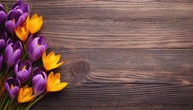Beautiful crocus flowers on wooden background. Top view with copy space