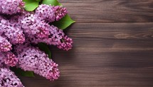 Bouquet of lilac flowers on wooden background. Top view