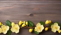 Yellow jasmine flowers on wooden background. Top view with copy space