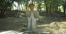 Pumpkin patch scarecrow decoration at Halloween pumpkin patch in autumn, fall season in cinematic slow motion.