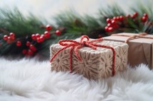 Craft Gift Box Decorated with Ornament on White Wool Texture