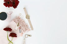 gerber daisies, watch, keychain, pink, red, rings, gold, jewelry, white background, feminine, lipstick, scarf, coffee, mug, winter, blush, nail polish 
