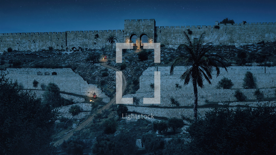 Old City of Jerusalem with the Holy Temple at night
