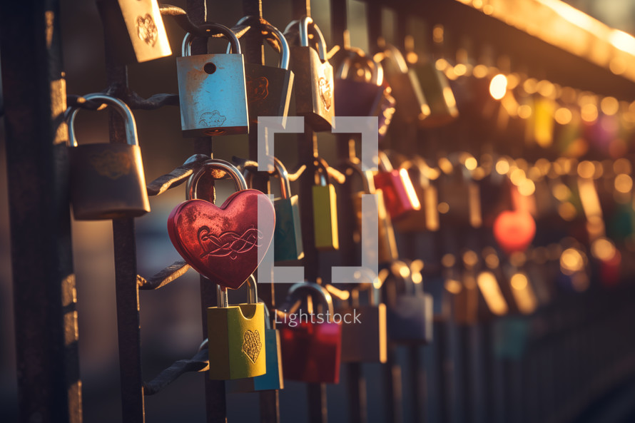AI Generated Image. Heart Locks on a Fence. Valentine’s Day concept