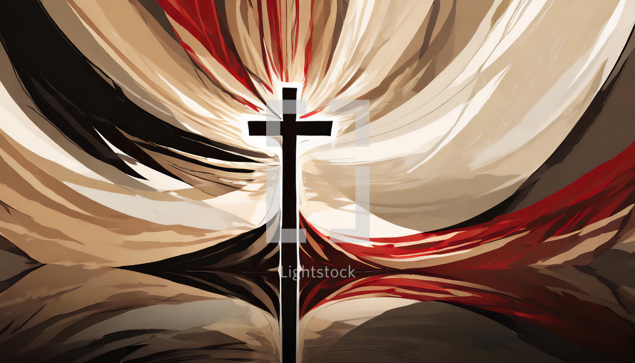 dramatic, sweeping background in red, tan, beige brown and white with brown cross