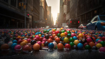 AI Generated Image. Many colorful ball candies fallen down to the city street