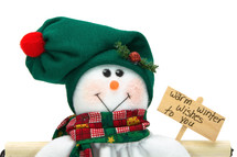 smiling snowman holding a sign that reads warm winter wishes to you